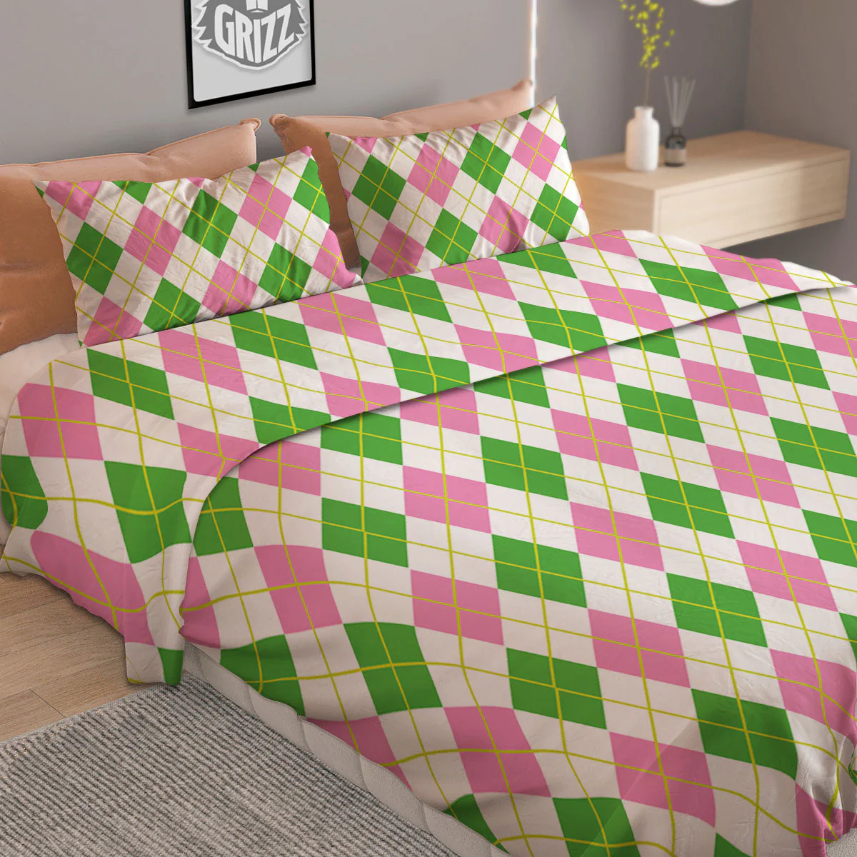 Green Pink And White Argyle Print Pattern Duvet Cover Bedding Set - Image 2