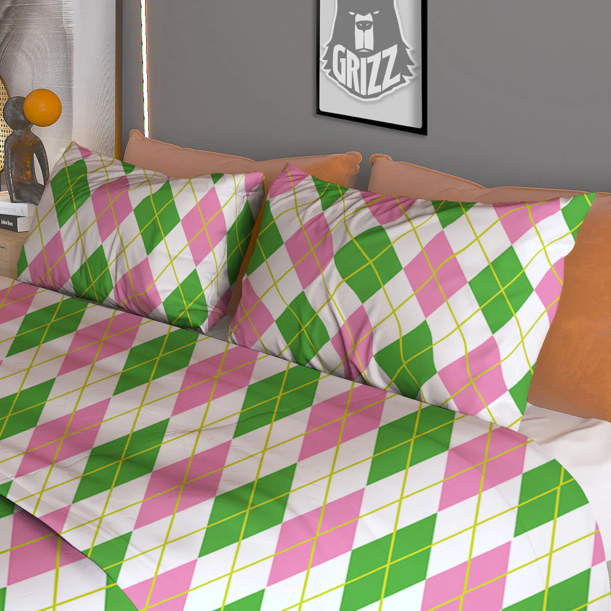 Green Pink And White Argyle Print Pattern Duvet Cover Bedding Set - Image 3