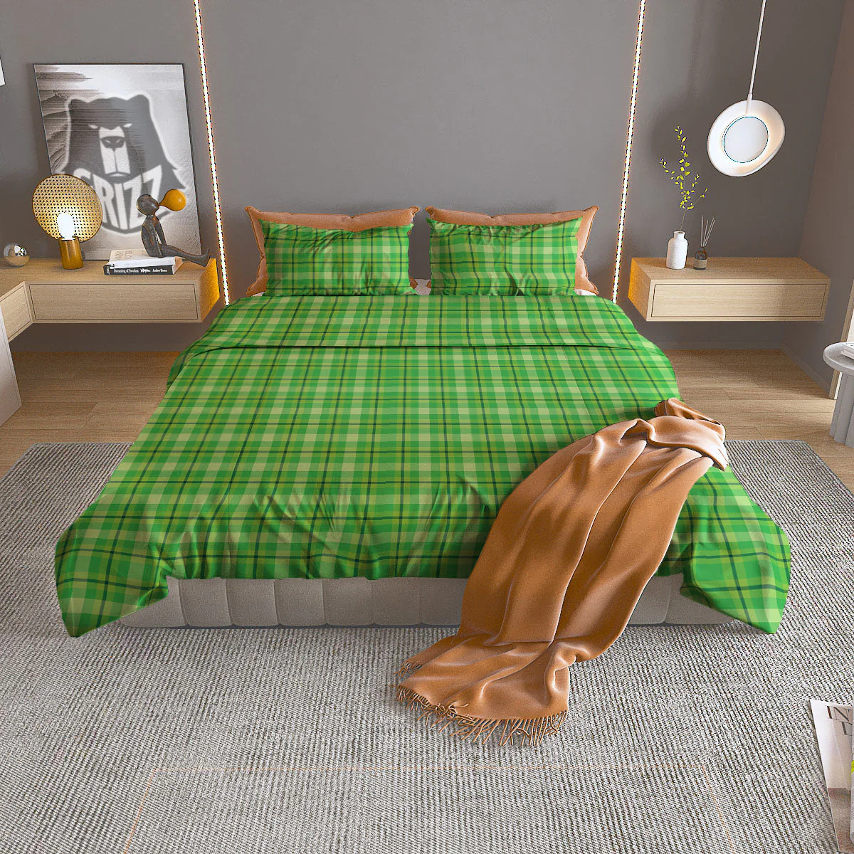 Green Plaid Shamrock Print Pattern Duvet Cover Bedding Set
