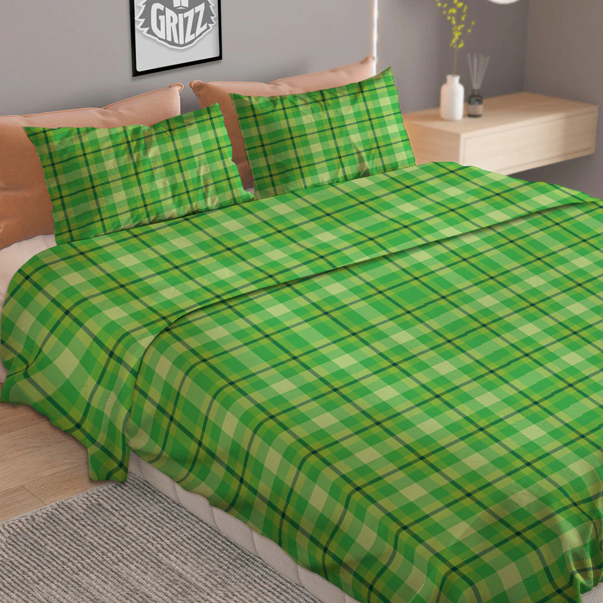 Green Plaid Shamrock Print Pattern Duvet Cover Bedding Set - Image 2