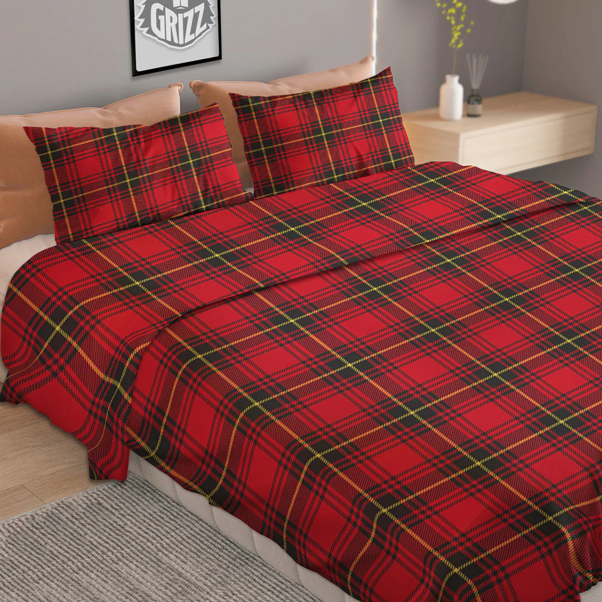 Green Red And Yellow Line Stewart Print Pattern Duvet Cover Bedding Set - Image 2