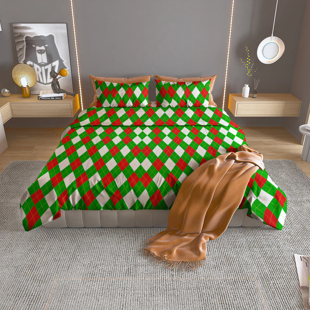 Green White And Red Argyle Print Pattern Duvet Cover Bedding Set