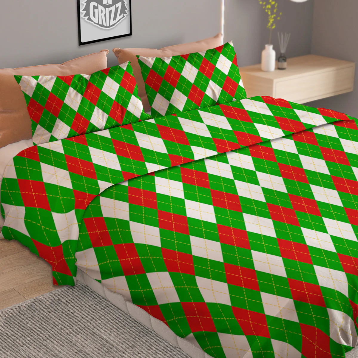 Green White And Red Argyle Print Pattern Duvet Cover Bedding Set - Image 2