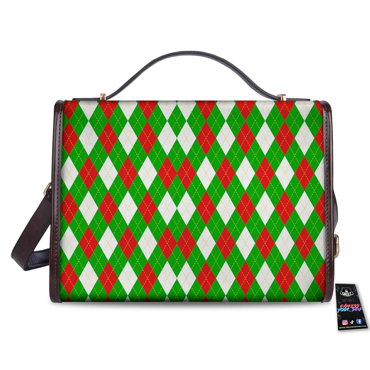 Green White And Red Argyle Print Pattern Women's Satchel Bag - Image 2