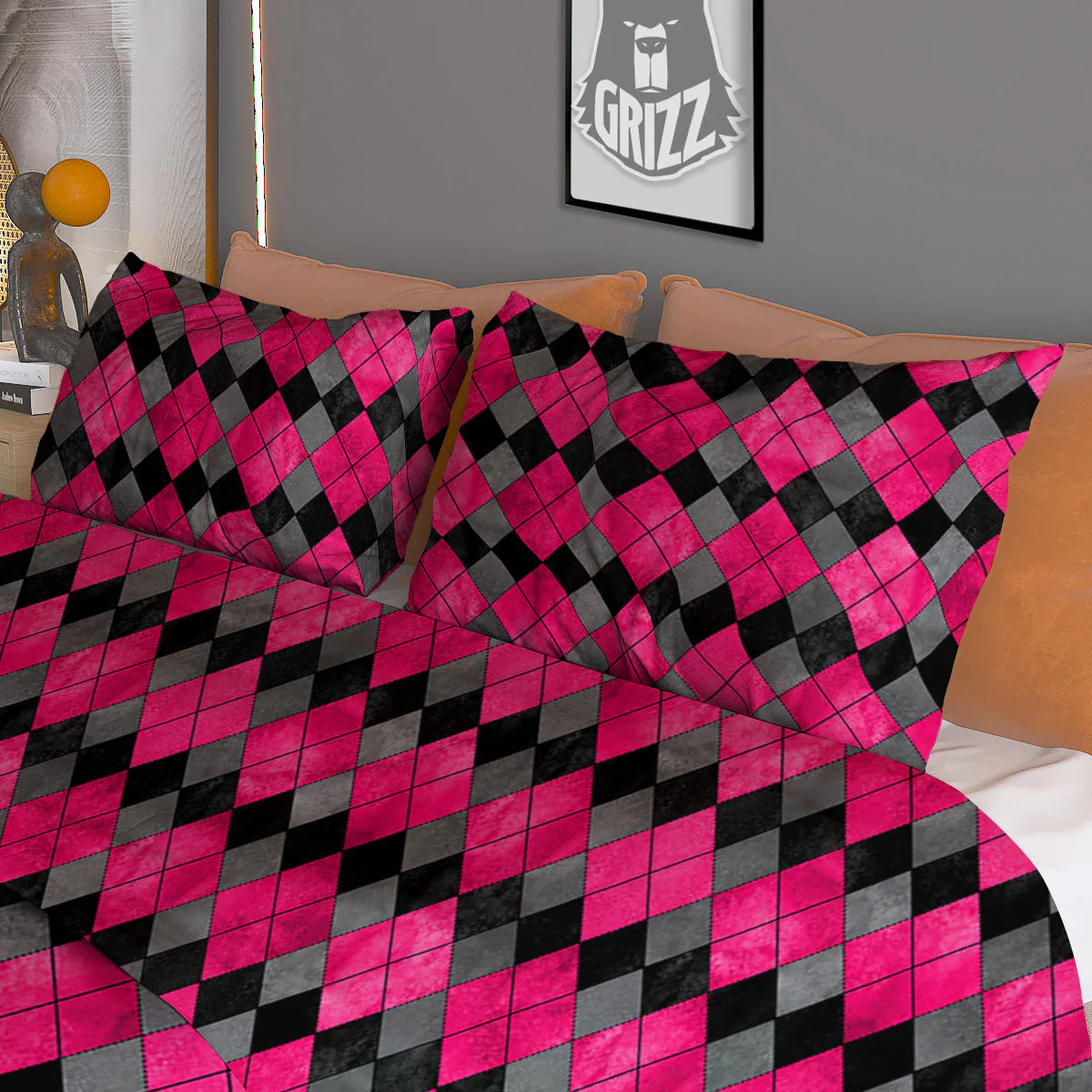 Grey Black And Purple Argyle Print Duvet Cover Bedding Set - Image 3