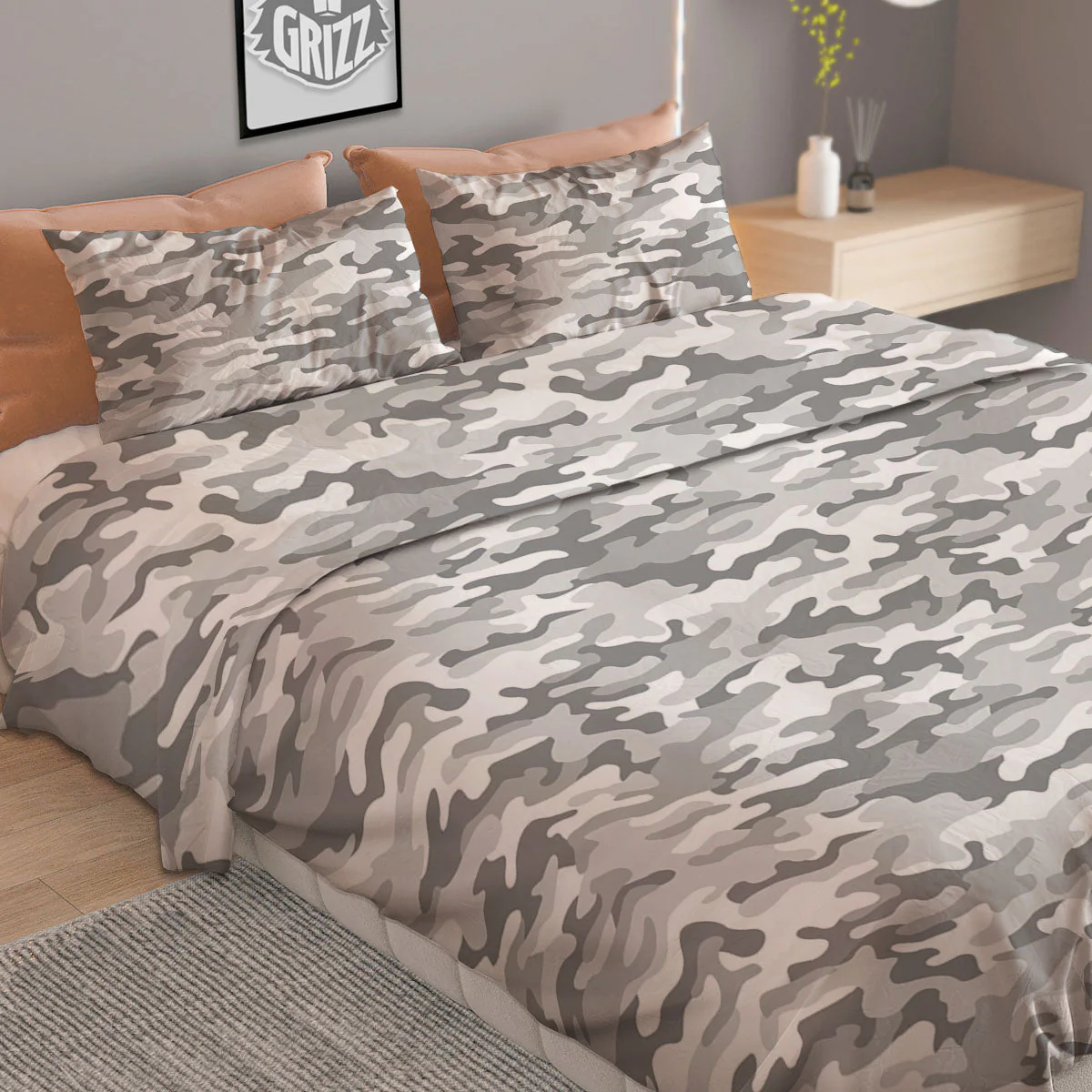 Grey Camouflage Print Pattern Duvet Cover Bedding Set - Image 2
