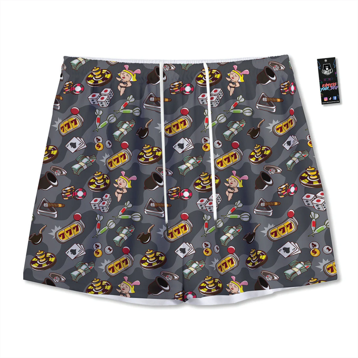 Grey Cute Casino Print Pattern Mesh Shorts