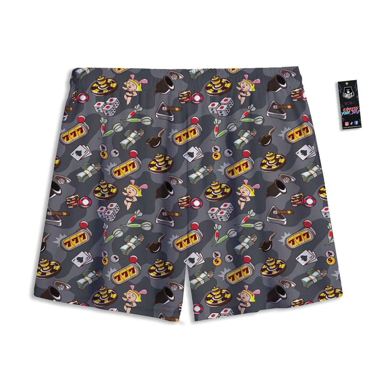 Grey Cute Casino Print Pattern Mesh Shorts - Image 2