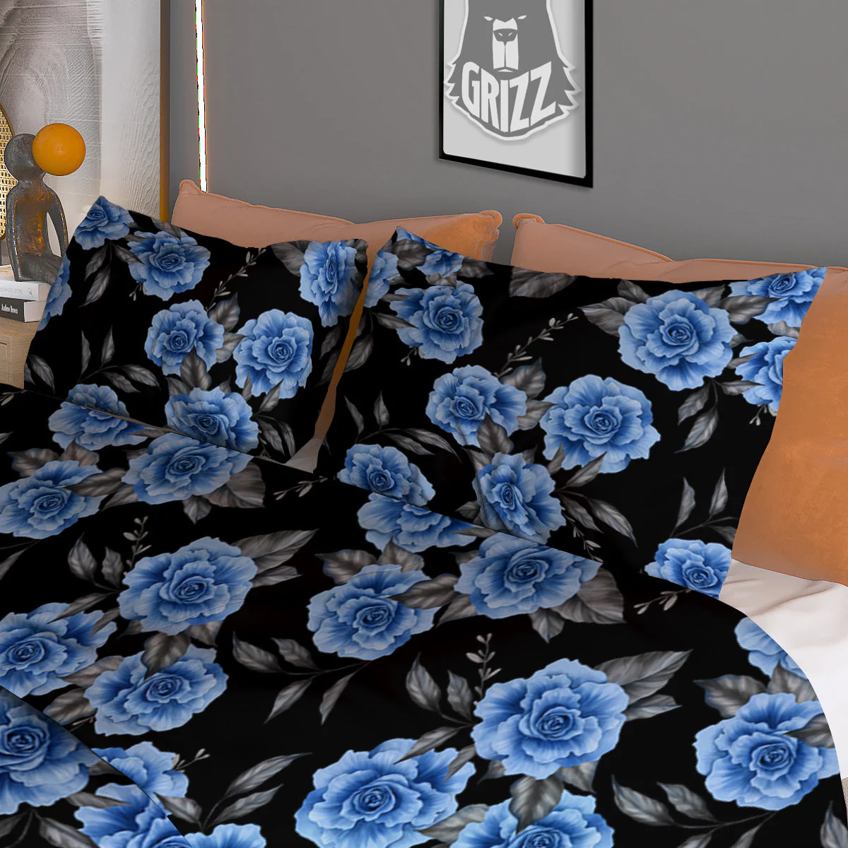 Grey Rose Floral And Blue Peony Print Duvet Cover Bedding Set - Image 3