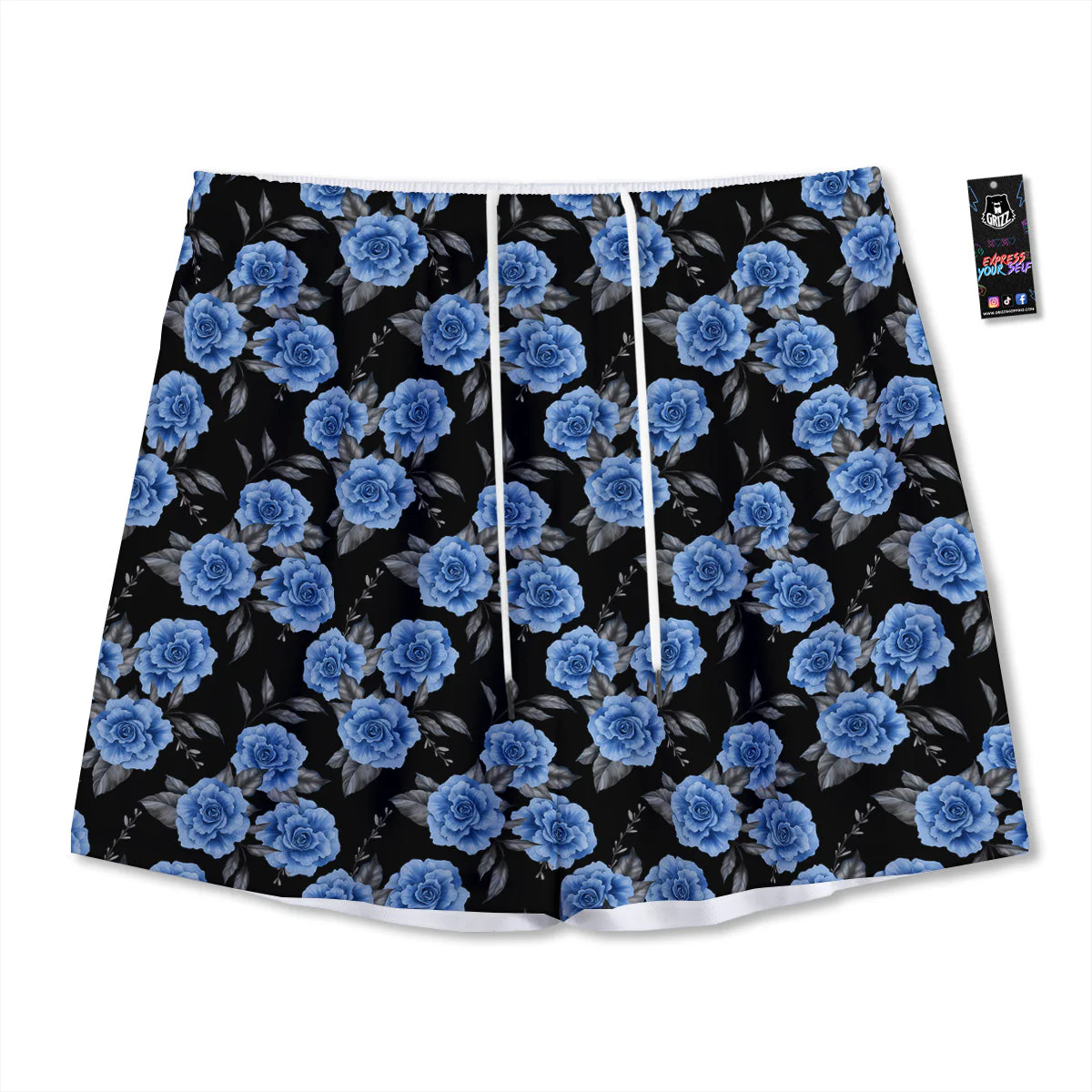 Grey Rose Floral And Blue Peony Print Mesh Shorts