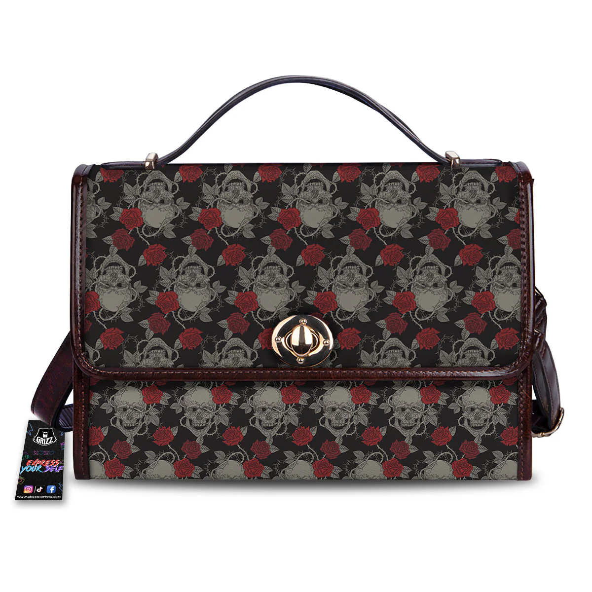 Grey Skull Red Rose Print Pattern Women's Satchel Bag