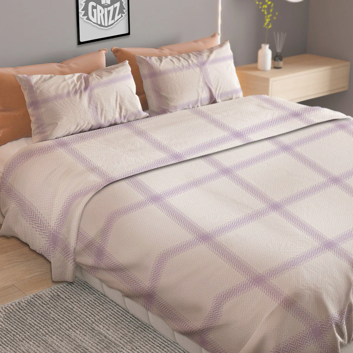 Grey White And Purple Tattersall Print Pattern Duvet Cover Bedding Set - Image 2