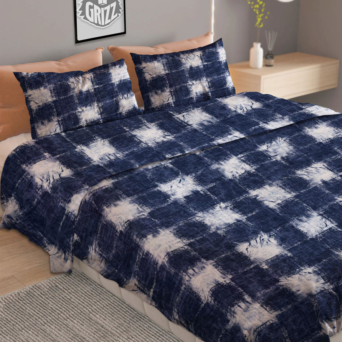 Grid Shibori Print Pattern Duvet Cover Bedding Set - Image 2