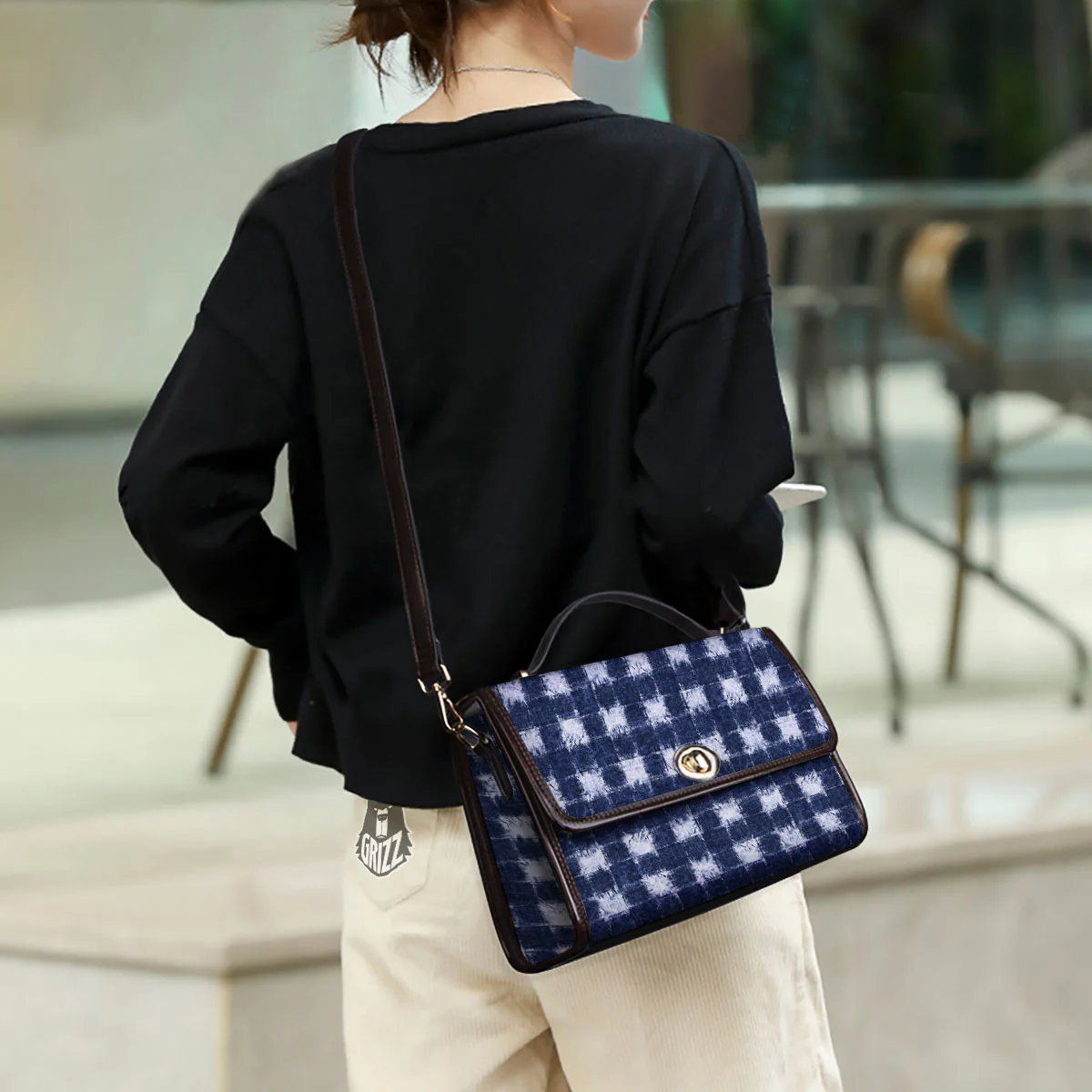 Grid Shibori Print Pattern Women's Satchel Bag - Image 3