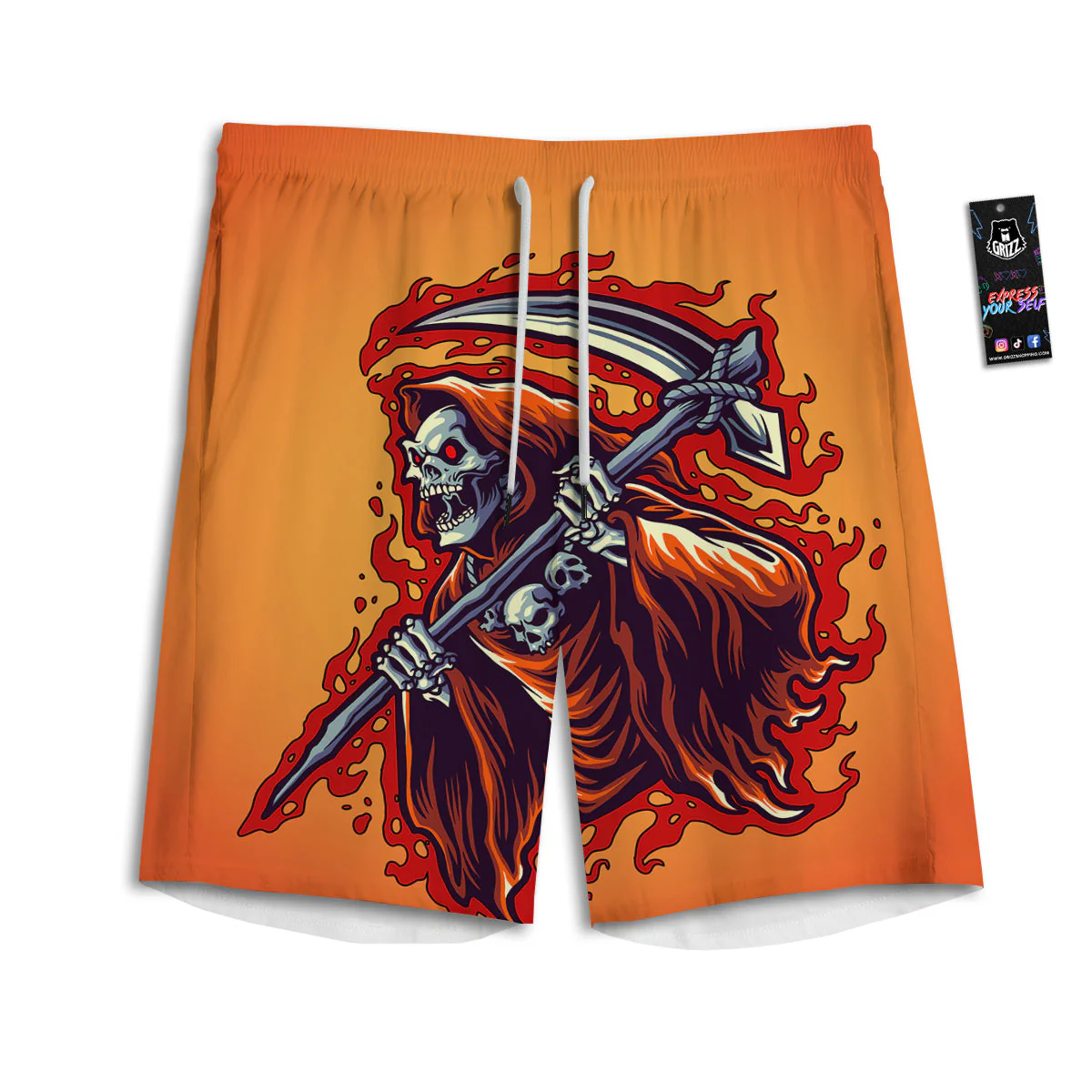 Grim Reaper And Fire Print Men's Athletic Shorts
