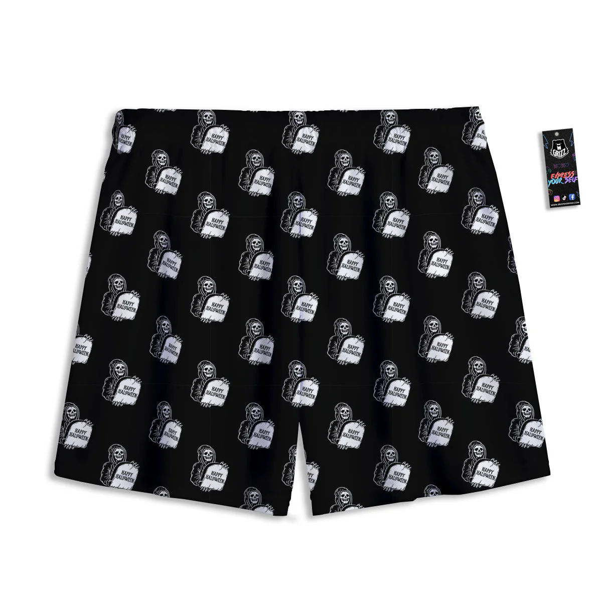 Grim Reaper Halloween Print Pattern Mesh Shorts - Image 2