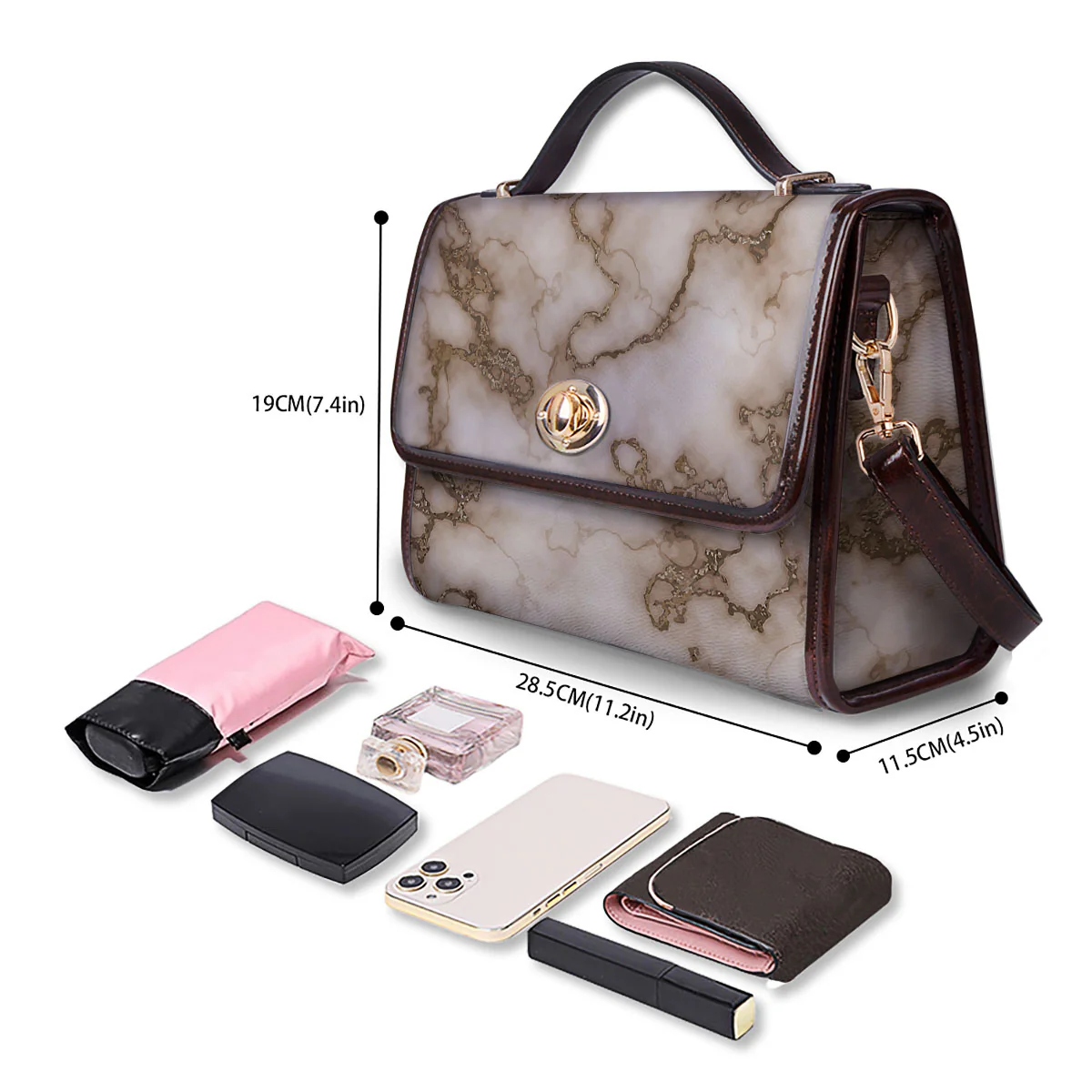 Grunge Marble White Brown Print Pattern Women's Satchel Bag - Image 4