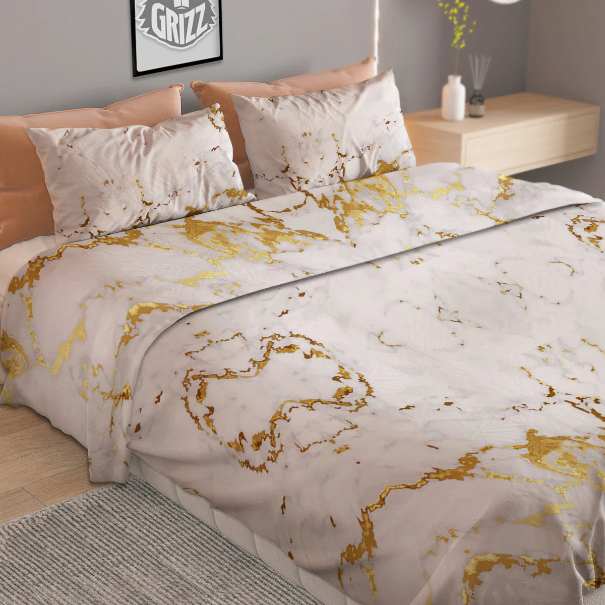 Grunge Marble White Gold Print Pattern Duvet Cover Bedding Set - Image 2