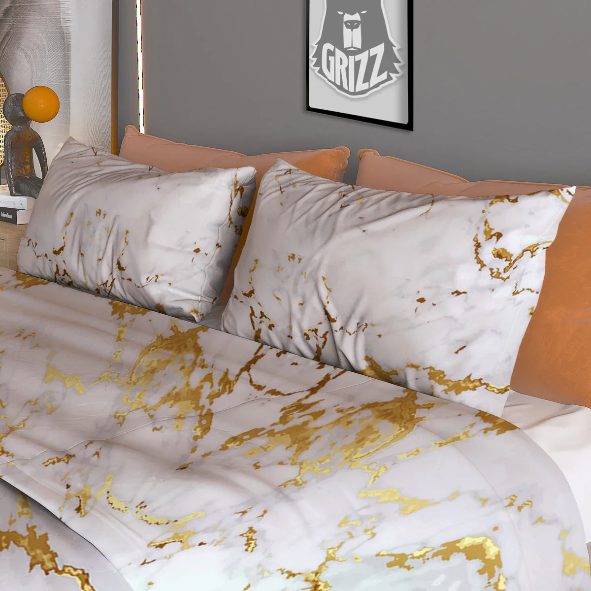 Grunge Marble White Gold Print Pattern Duvet Cover Bedding Set - Image 3