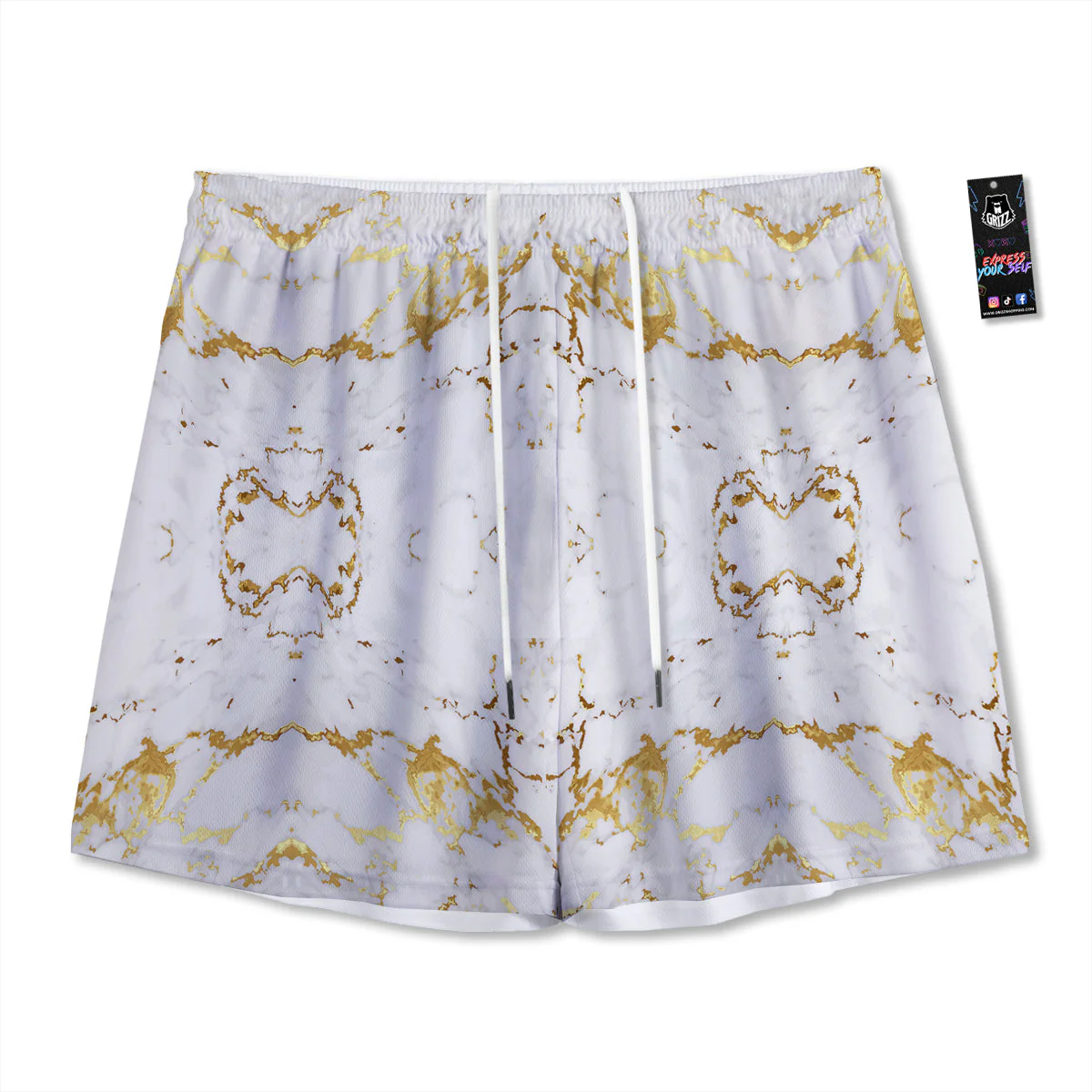 Grunge Marble White Gold Print Pattern Mesh Shorts