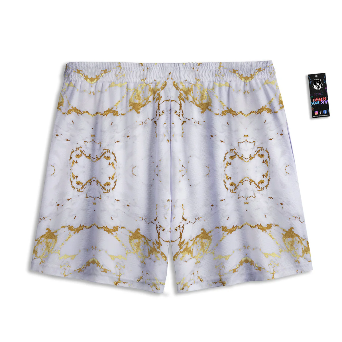 Grunge Marble White Gold Print Pattern Mesh Shorts - Image 2