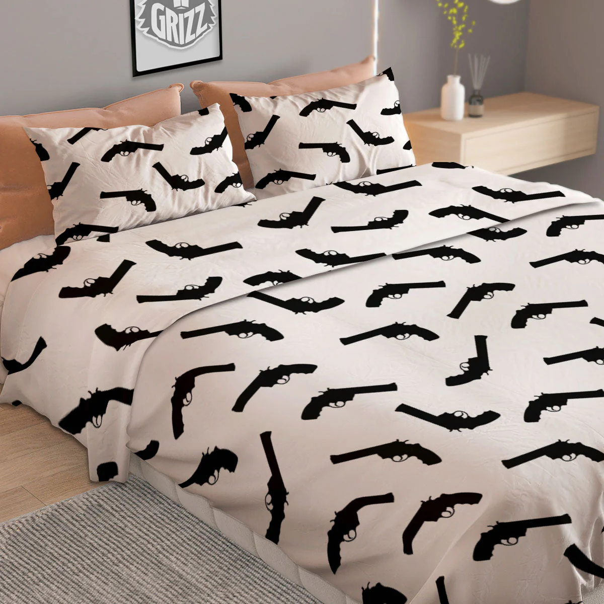 Guns White And Black Print Pattern Duvet Cover Bedding Set - Image 2