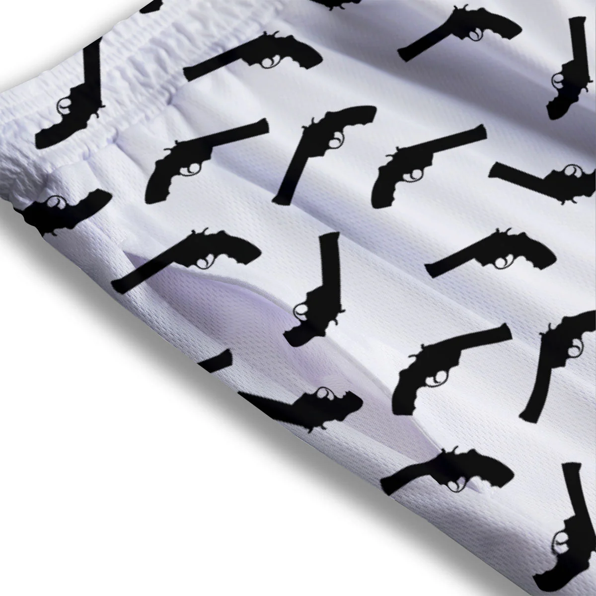 Guns White And Black Print Pattern Mesh Shorts - Image 3