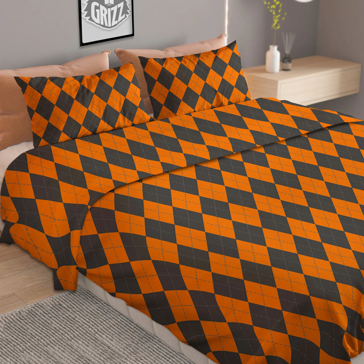 Halloween Argyle Grey And Orange Print Duvet Cover Bedding Set - Image 2