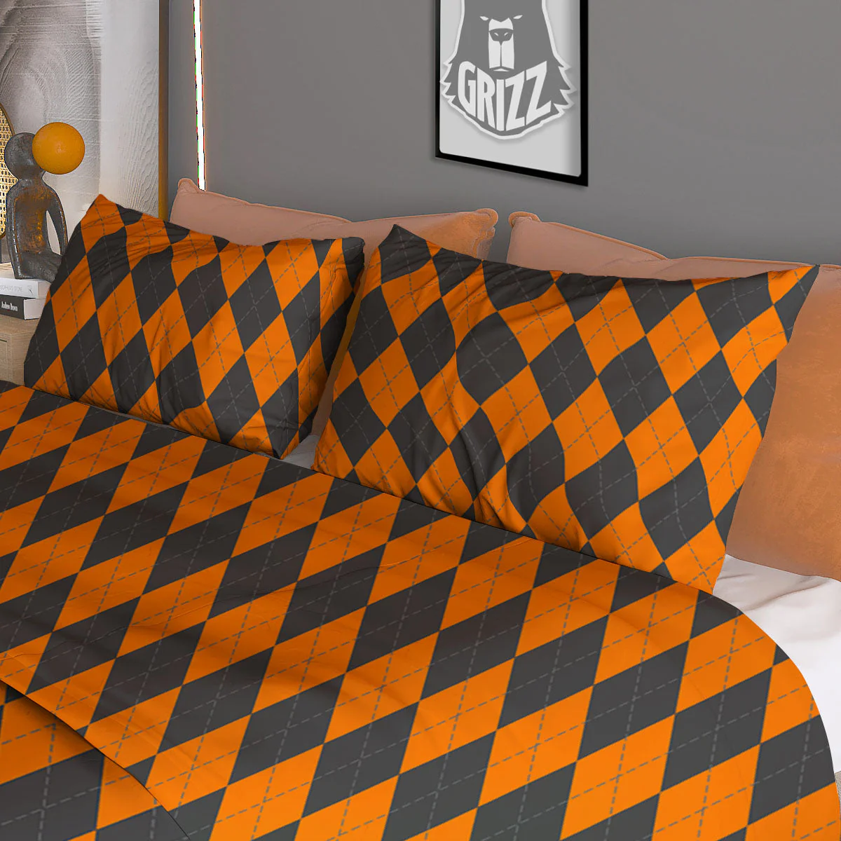 Halloween Argyle Grey And Orange Print Duvet Cover Bedding Set - Image 3