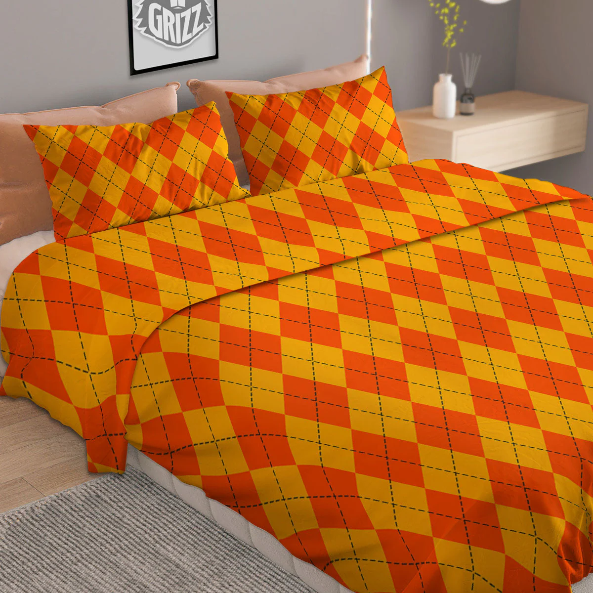 Halloween Argyle Orange Print Pattern Duvet Cover Bedding Set - Image 2