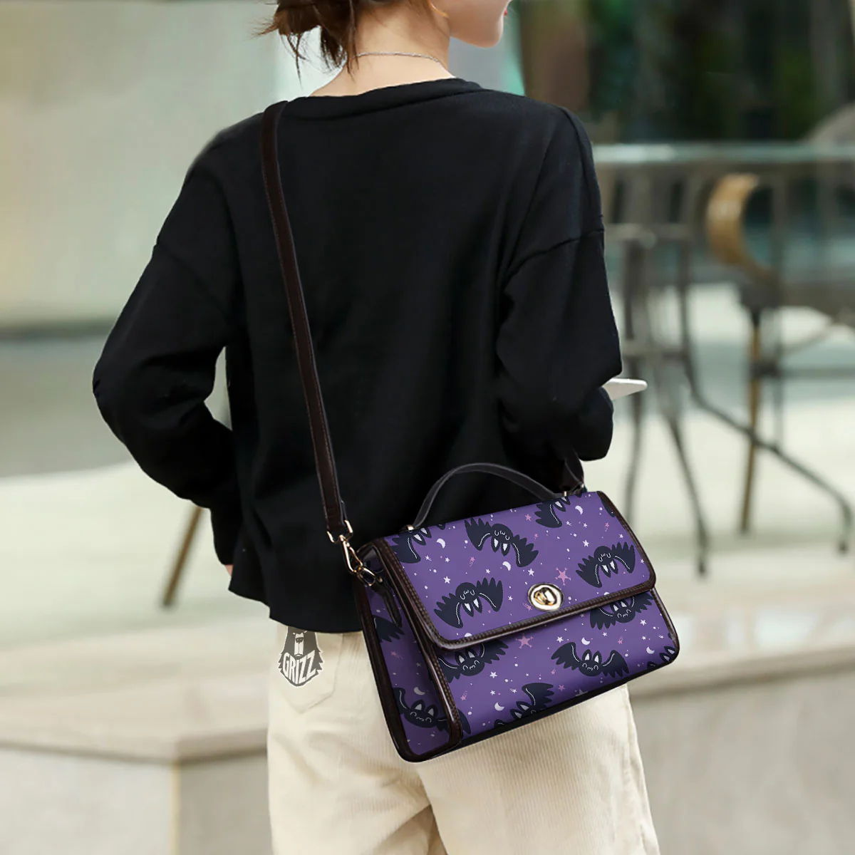 Halloween Bat Black And Purple Print Women's Satchel Bag - Image 3