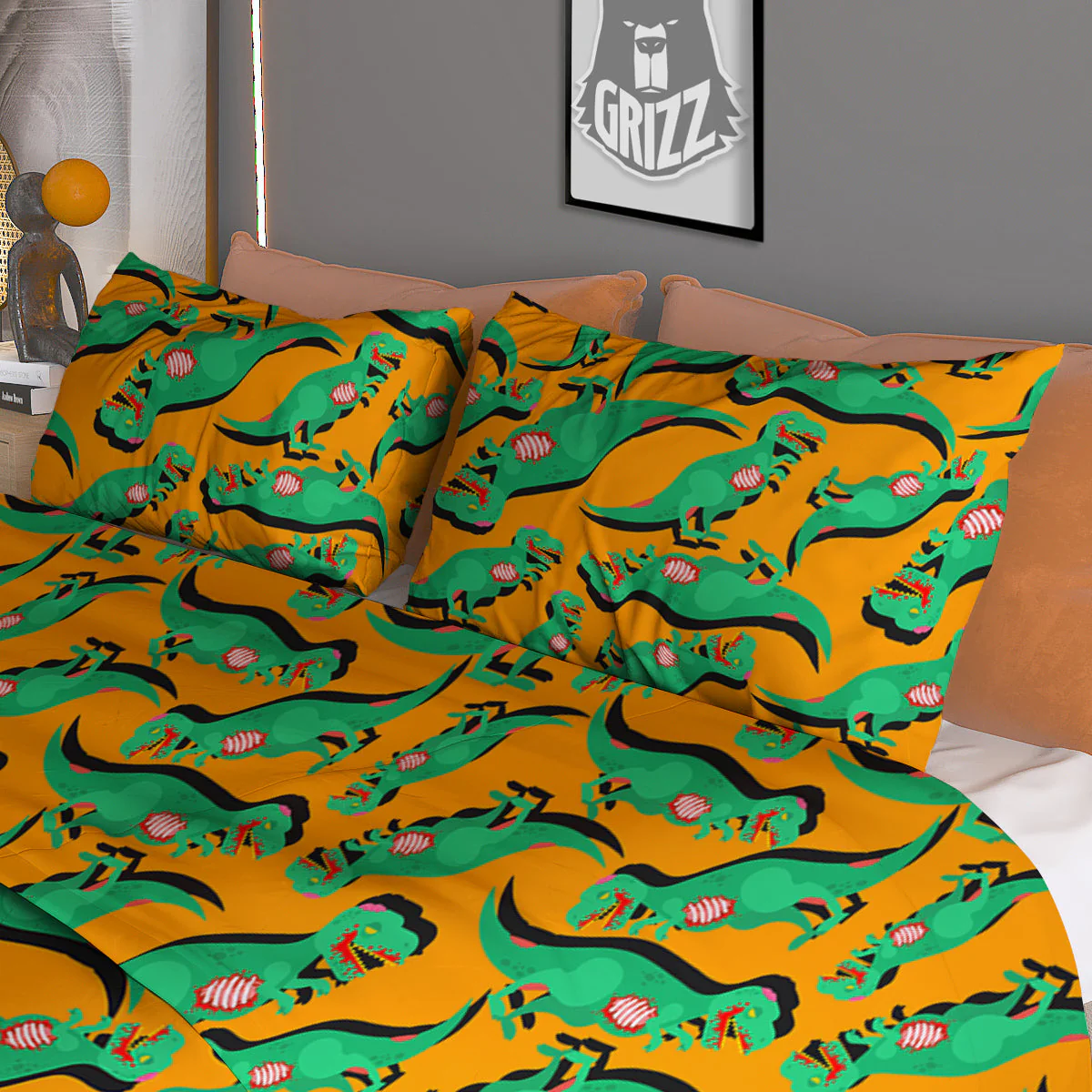 Halloween Cute Dino Print Pattern Duvet Cover Bedding Set - Image 3