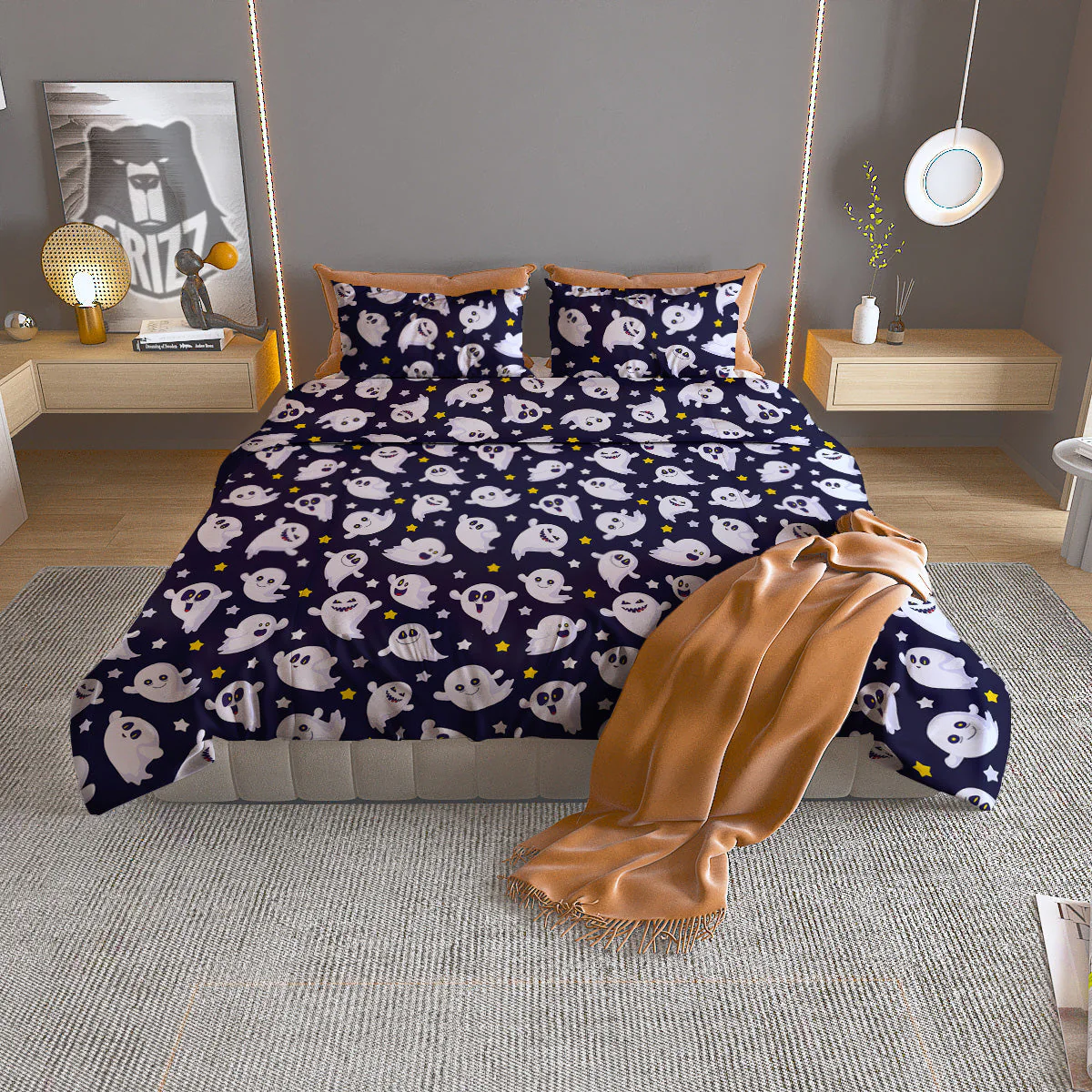 Halloween Cute Ghost Emoji Print Pattern Duvet Cover Bedding Set