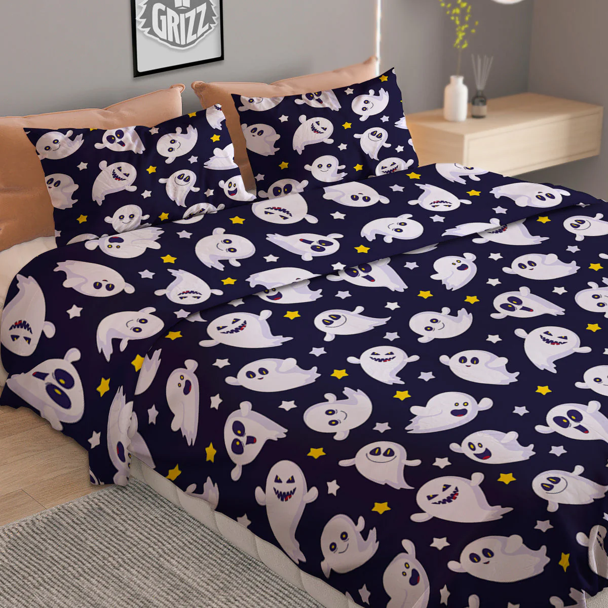 Halloween Cute Ghost Emoji Print Pattern Duvet Cover Bedding Set - Image 2