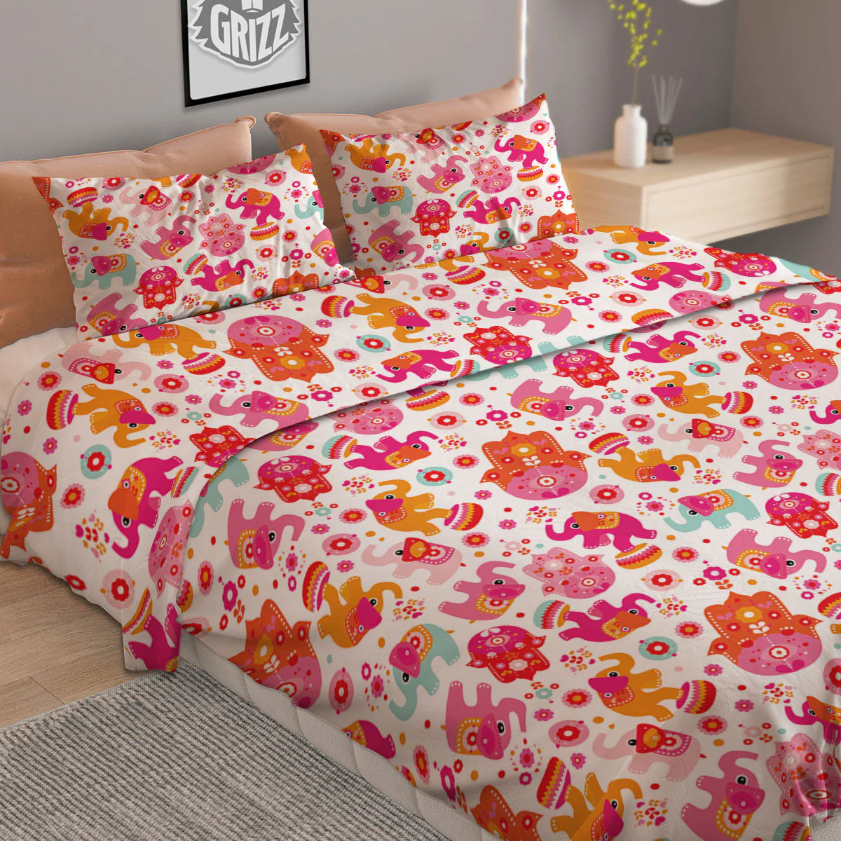 Hamsa And Girly Elephant Print Pattern Duvet Cover Bedding Set - Image 2