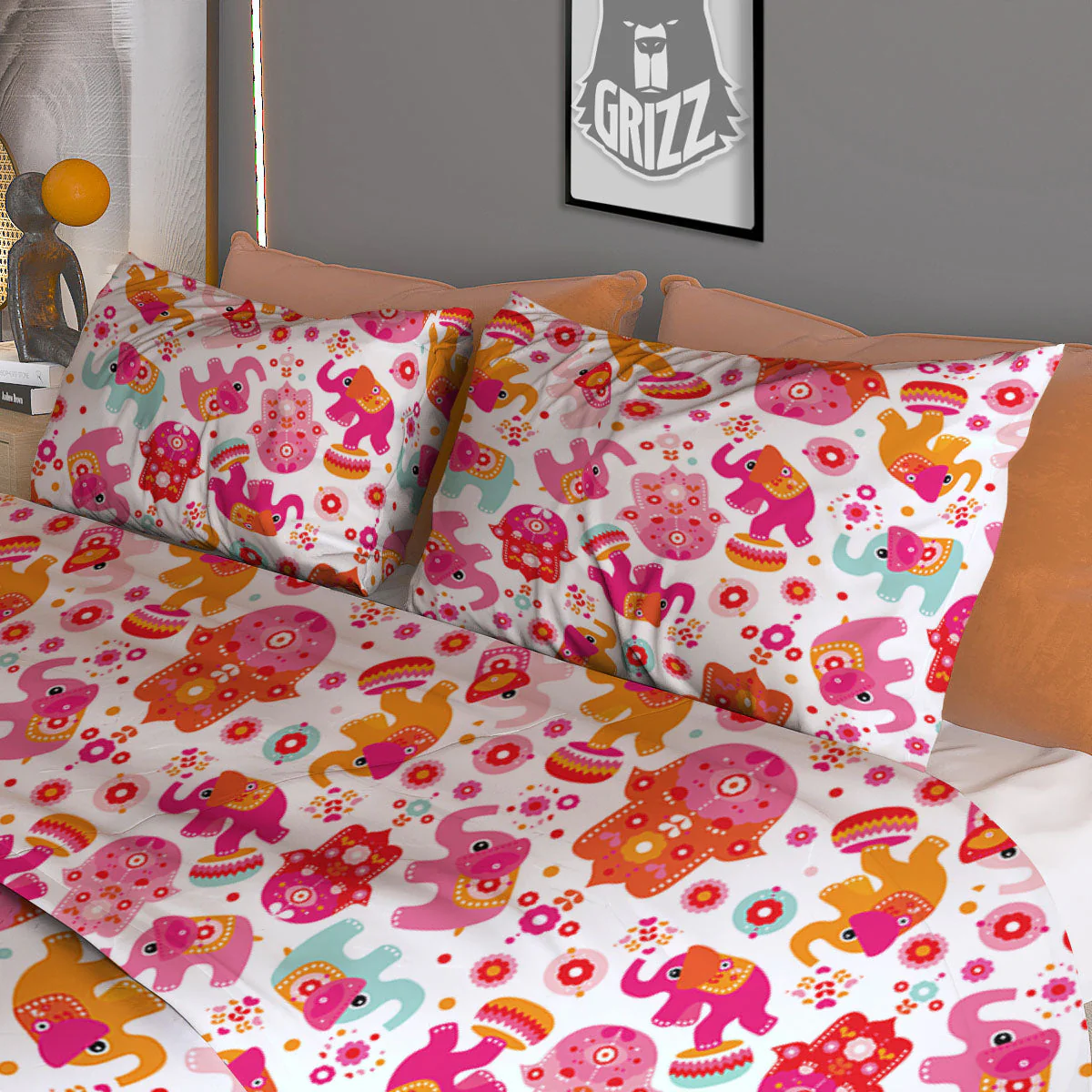 Hamsa And Girly Elephant Print Pattern Duvet Cover Bedding Set - Image 3