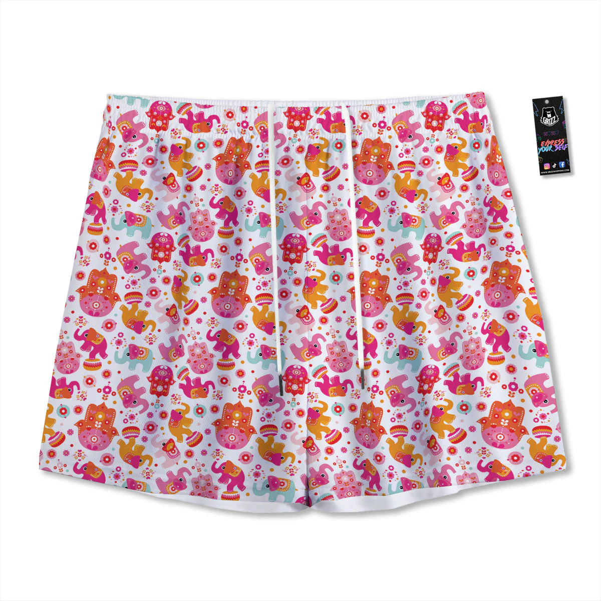 Hamsa And Girly Elephant Print Pattern Mesh Shorts