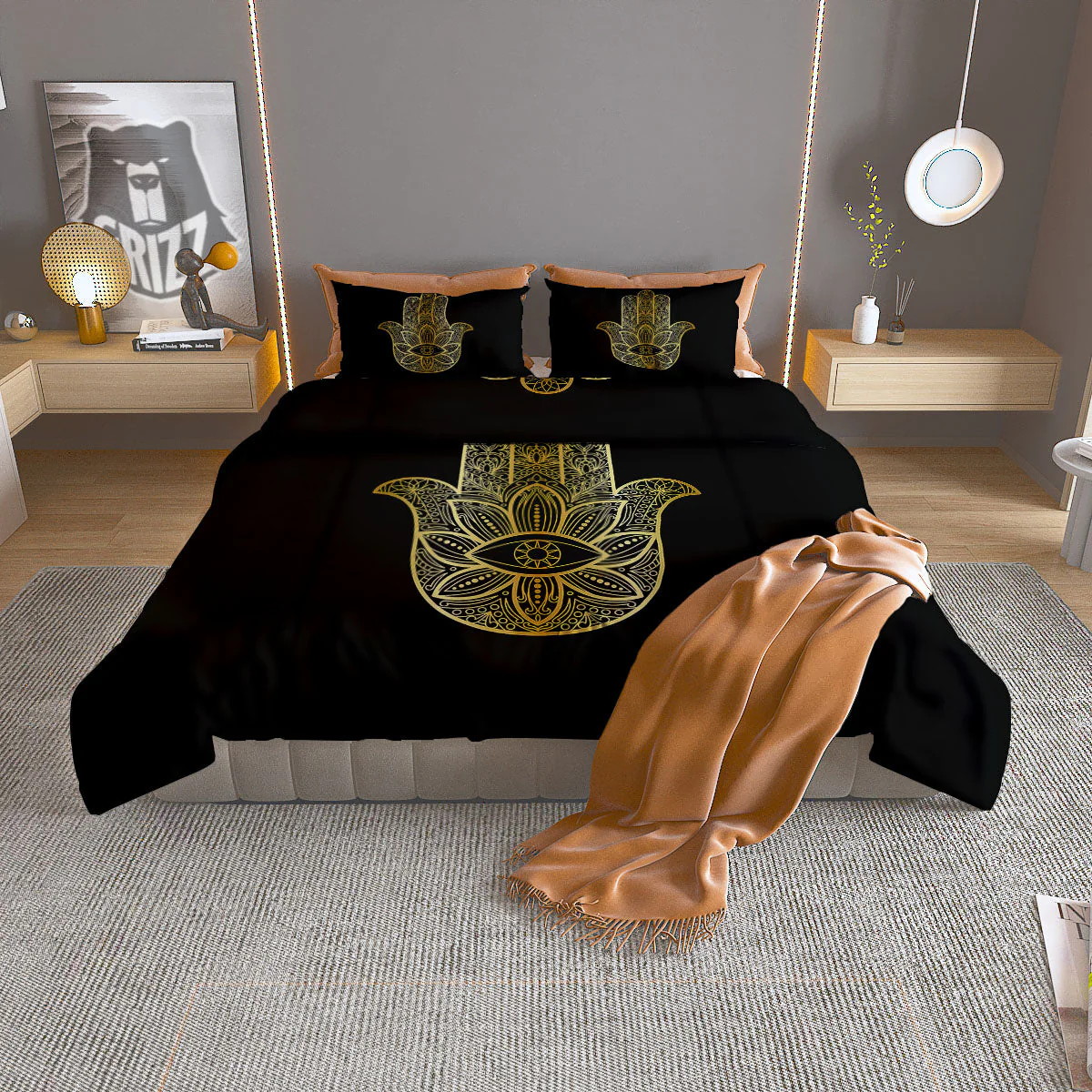 Hamsa Hand Gold Print Duvet Cover Bedding Set