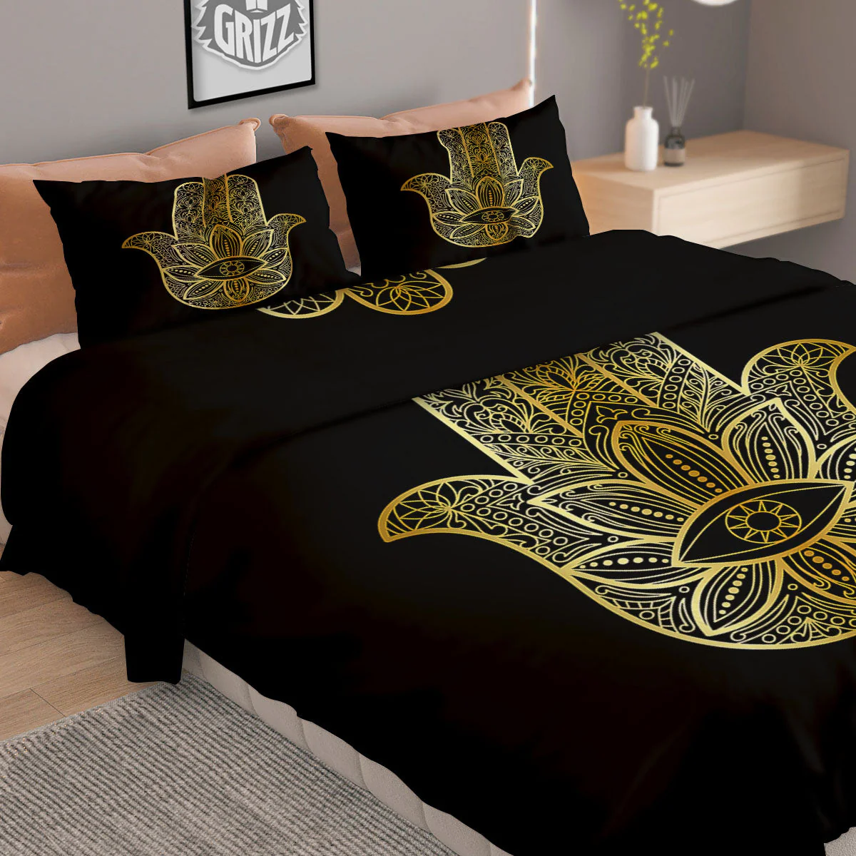 Hamsa Hand Gold Print Duvet Cover Bedding Set - Image 2