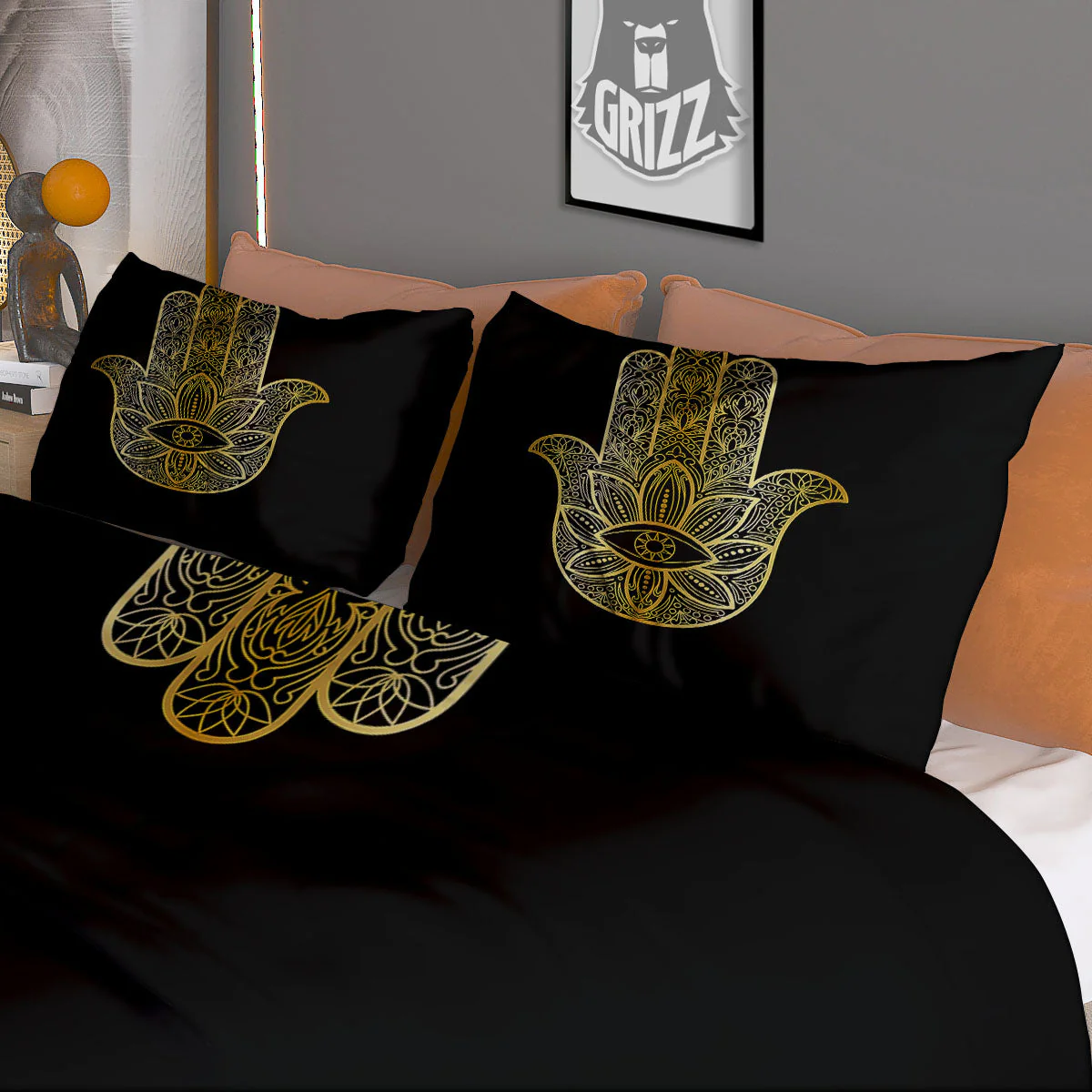 Hamsa Hand Gold Print Duvet Cover Bedding Set - Image 3