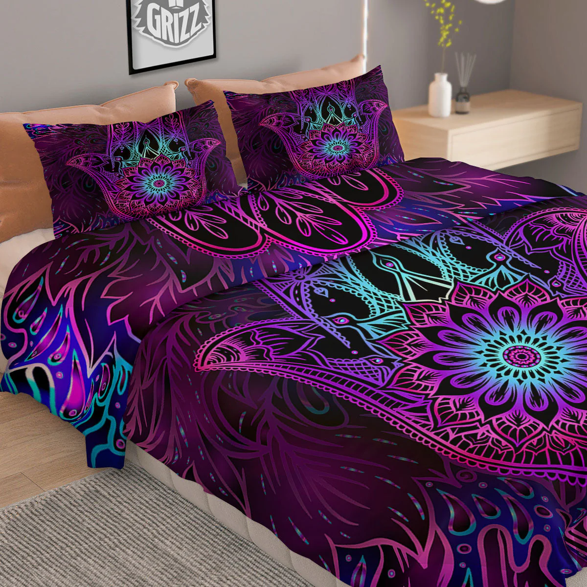 Hamsa Hand Purple Print Duvet Cover Bedding Set - Image 2