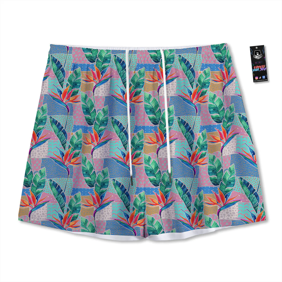Hand Drawn Watercolor Tropical Print Pattern Mesh Shorts
