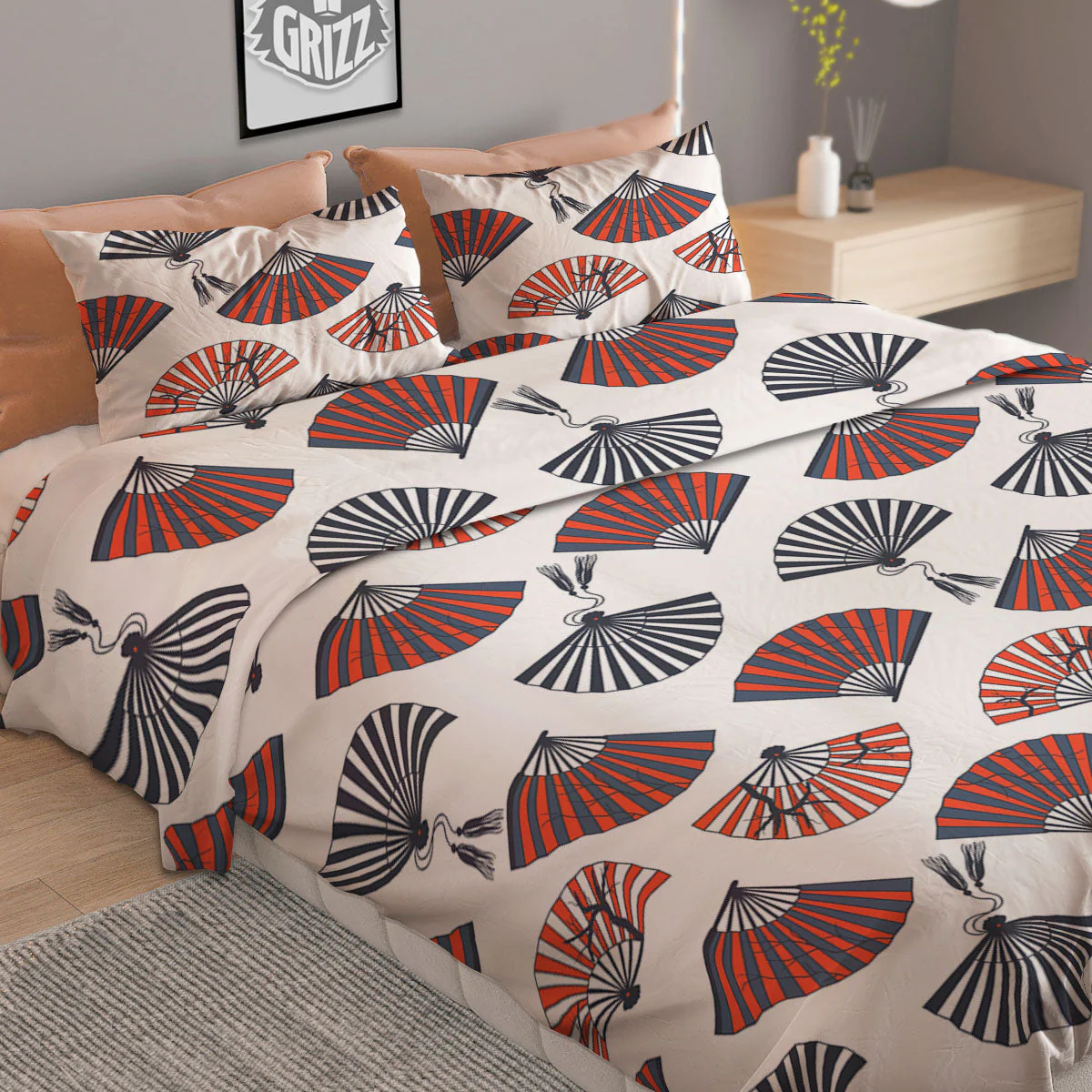 Hand Fan Japanese Print Pattern Duvet Cover Bedding Set - Image 2
