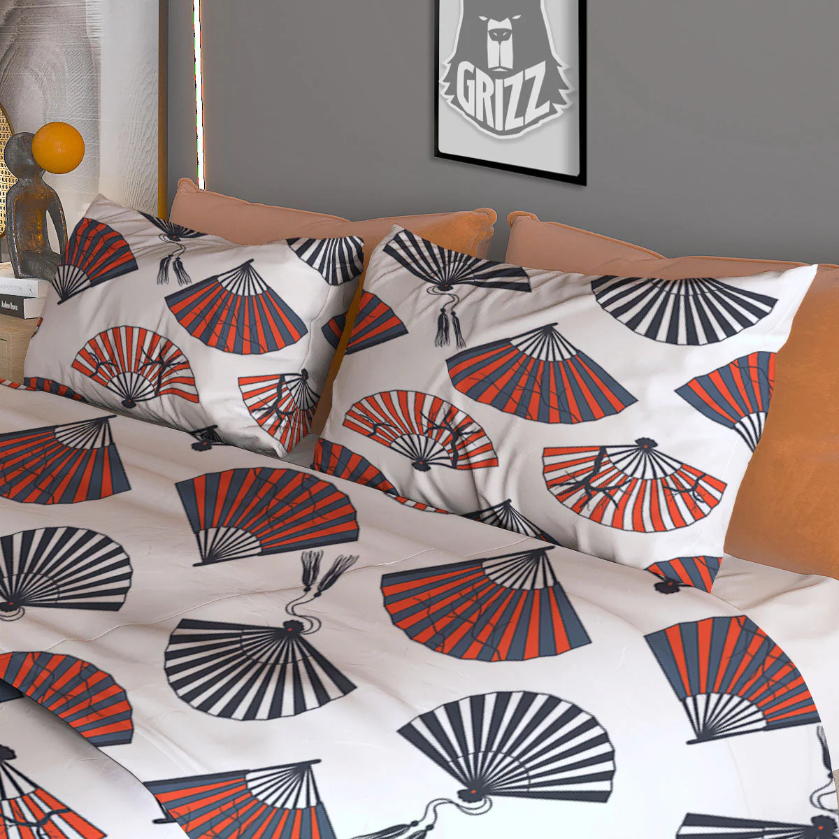 Hand Fan Japanese Print Pattern Duvet Cover Bedding Set - Image 3