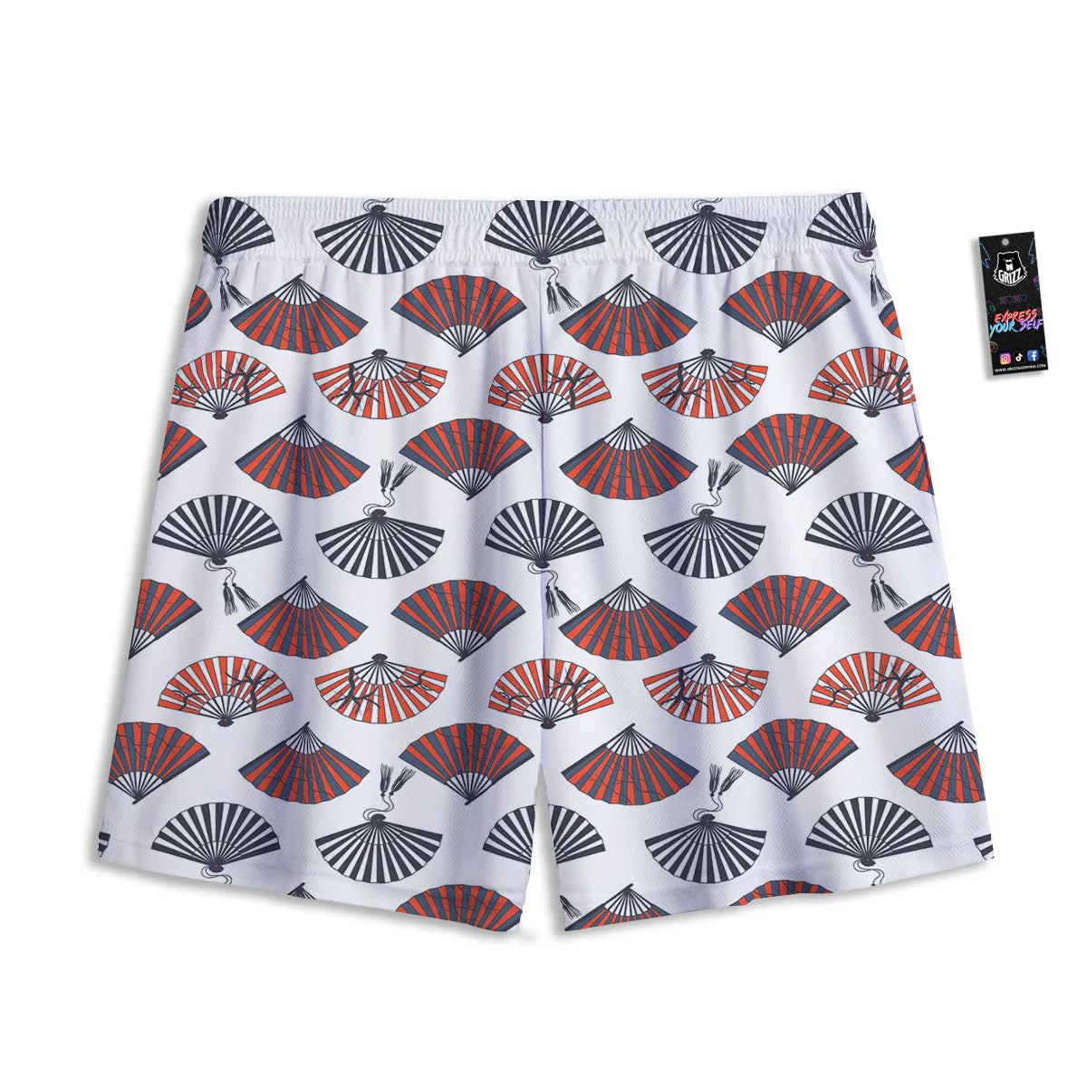 Hand Fan Japanese Print Pattern Mesh Shorts - Image 2