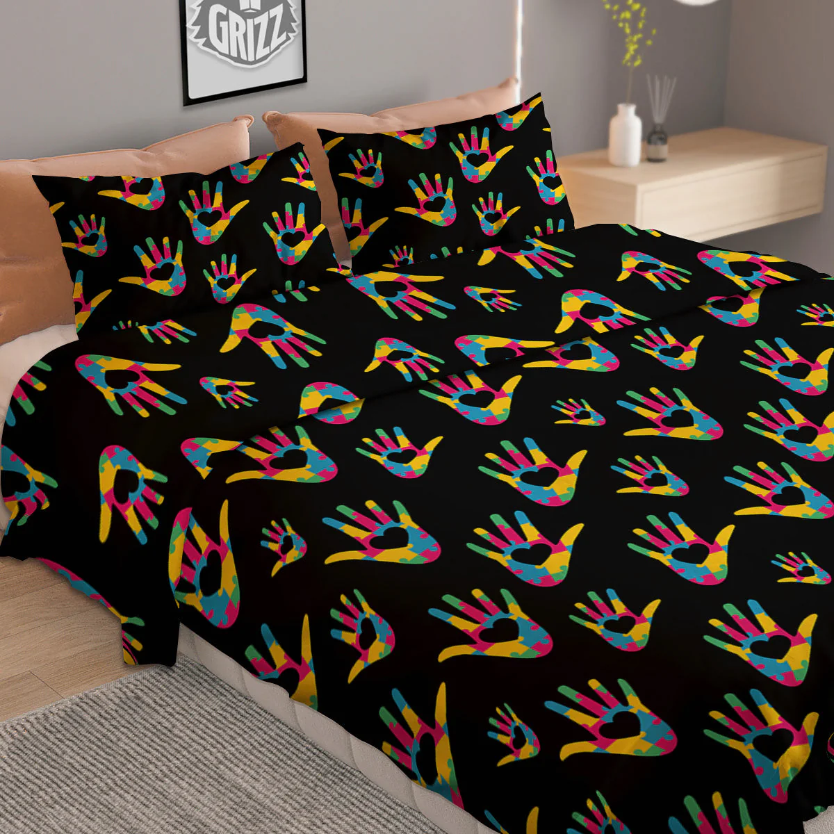 Hand Shaped Autism Day Print Pattern Duvet Cover Bedding Set - Image 2