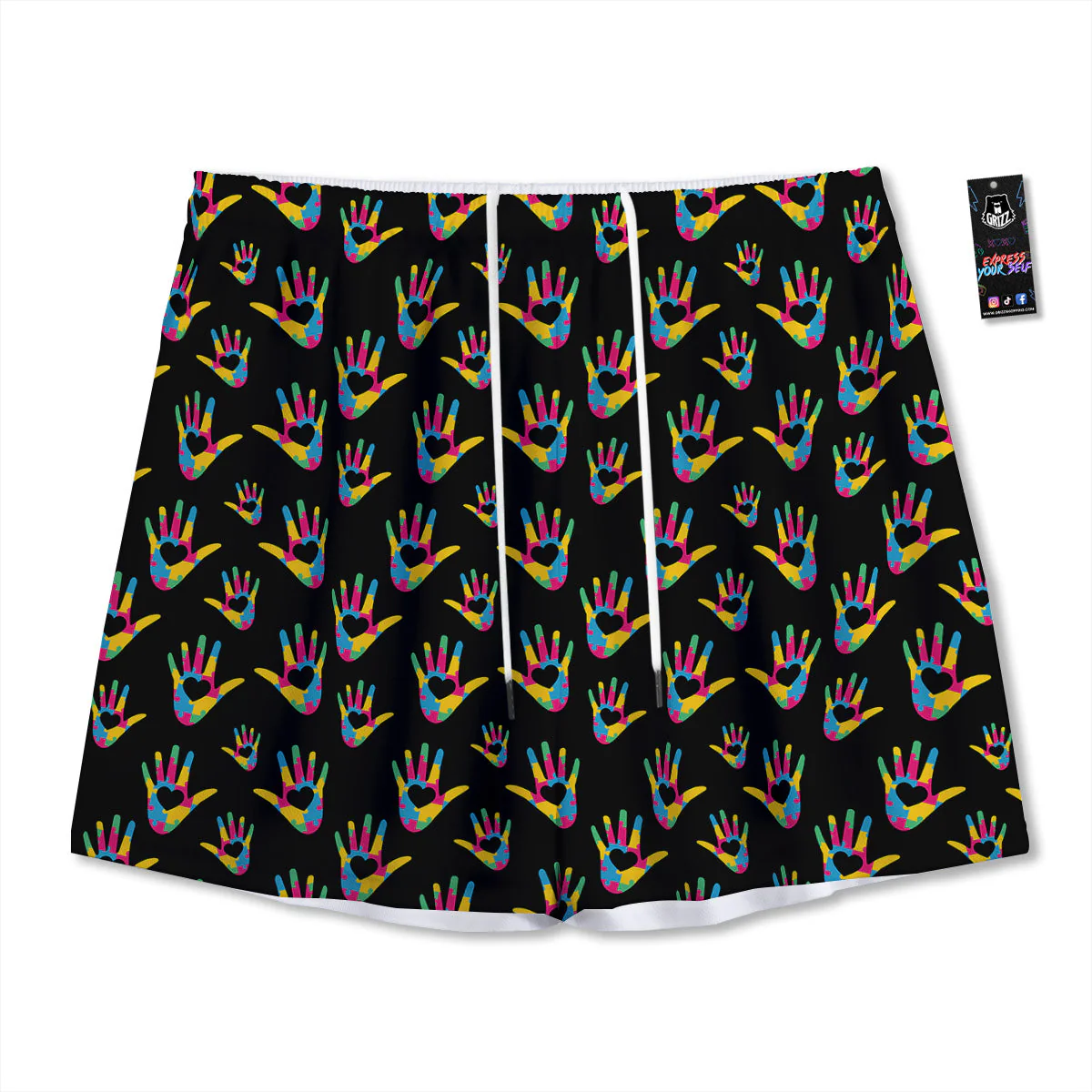 Hand Shaped Autism Day Print Pattern Mesh Shorts