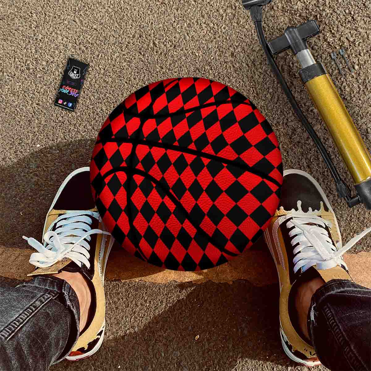 Harlequin Black And Red Print Pattern Basketball - Image 2