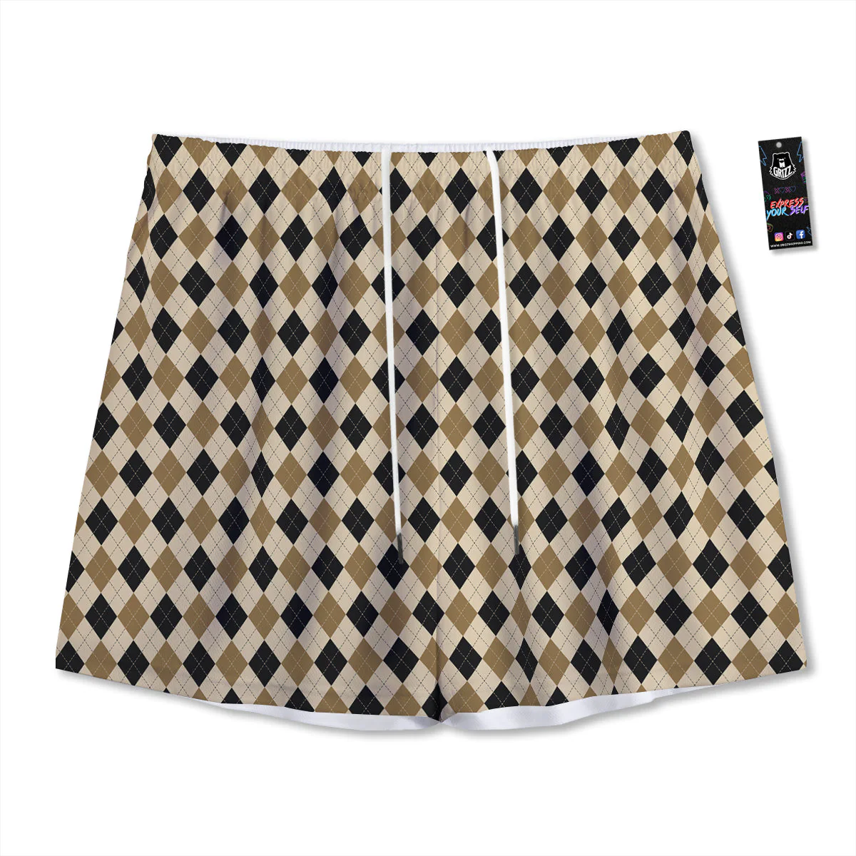 Harlequin Gold And Black Print Pattern Mesh Shorts