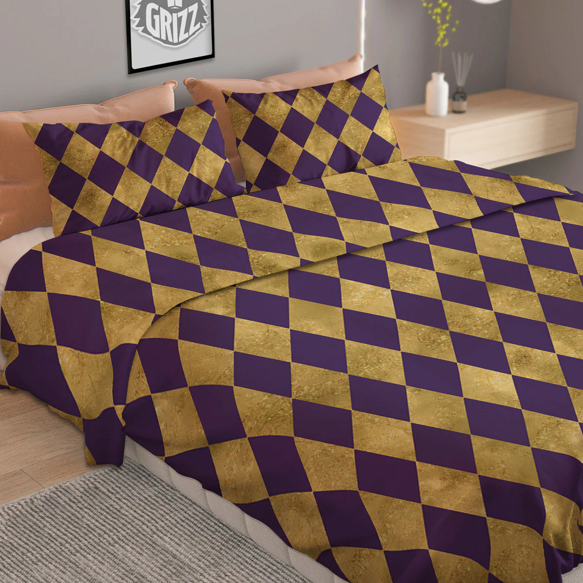 Harlequin Gold And Purple Print Pattern Duvet Cover Bedding Set - Image 2